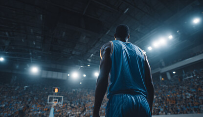 Professional Basketball Player Seen from Behind in Stadium