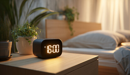 Minimal Digital Alarm Clock on Nightstand in Warm Bedroom Interior