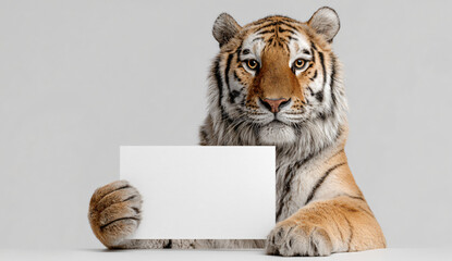Tiger Holding Empty White Paper Sign for Custom Text