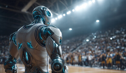 AI Robot Basketball Player Facing a Full Arena