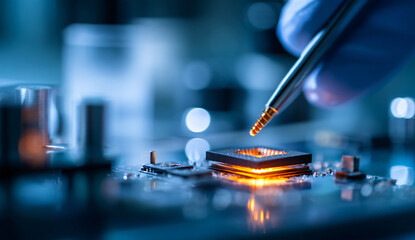 Macro Of Engineer Hand Repairing Microchip On Circuit Board