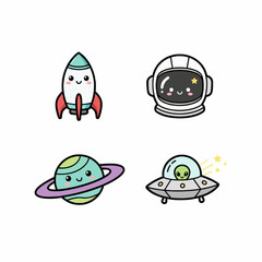 Cute set of space icons with rocket, astronaut helmet, planet and UFO flying saucer