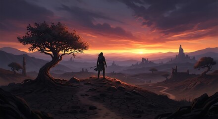 Silhouette of a figure standing on a hill observing a sunset landscape