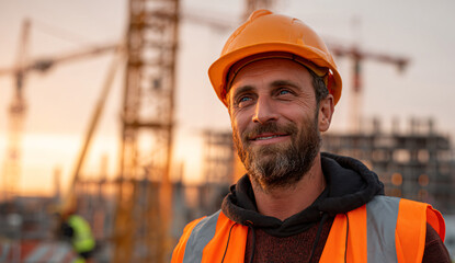 Happy Construction Worker Wearing Hard Hat at Construction Site