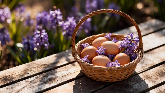 Basket of eggs and purple hyacinths rests on a rustic wooden table bathed in warm sunlight and soft spring tones. A shallow depth of field and bokeh background leave empty space available for text or 