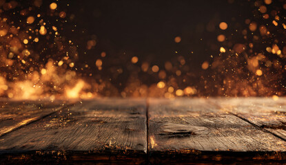 Vintage Wooden Tabletop Against Warm Fire Glow