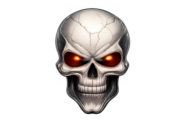 Skull with glowing red eyes representing fear, evil, death, and horror on a transparent background