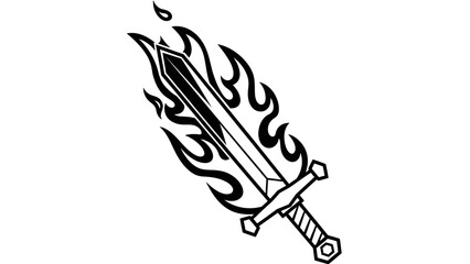 Stylized black and white illustration of a flaming sword with intricate design elements