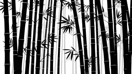 Monochrome bamboo forest silhouette featuring dense tall stalks with sparse leaves in a dramatic