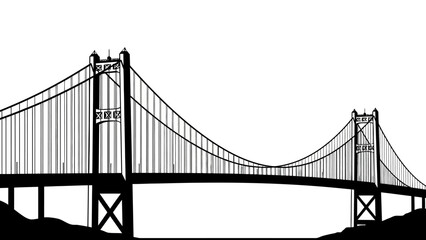 Obraz premium Minimalist Black and White Illustration of a Suspended Bridge with Tall Towers and Cables