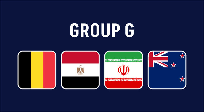 Group G teams of the 2026 World Football Championship featuring Belgium, Egypt, Iran and New Zealand, highlighting national flags