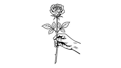 Minimalist Line Drawing of a Hand Holding a Single Rose Above the Ground