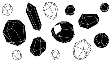 Geometric abstract representation of multifaceted polyhedral shapes in monochrome black and white