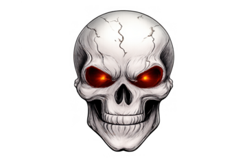 Evil skull illustration with glowing red eyes representing horror, death, and danger, transparent background
