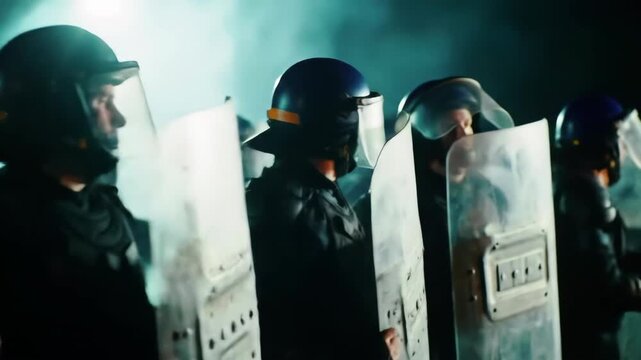 A row of police officers in tactical gear stand prepared in a dense smokey atmosphere with riot shields and helmets, ready for crowd control.
