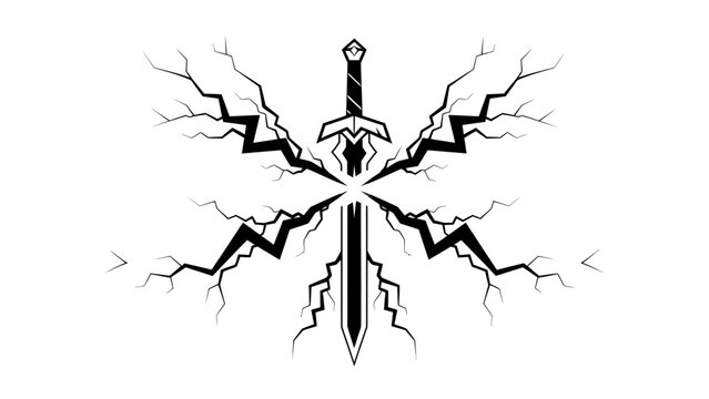 abstract symmetrical illustration featuring a central sword surrounded by lightning bolts and
