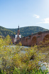 Heidelberg Karl Theodor Bridge from the Neckar River Shore.The Karl Theodor Bridge with its gate towers in Heidelberg, Baden-Wurttemberg, Germany.
