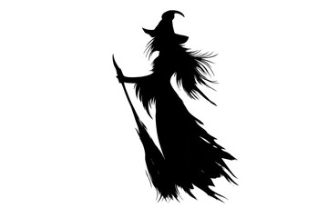Witch silhouette flying on broomstick, celebrating halloween, dark magic, spooky fantasy design, transparent background