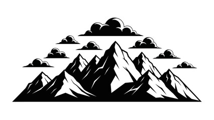 Minimalist Black and White Mountain Landscape with Dramatic Cloud Cover in a Stylized Artistic