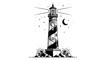 Stylized black and white lighthouse illustration with night sky and crescent moon emphasizing