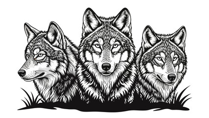 Intricate Line Art Illustration of Three Wolves in a Natural Setting Highlighting Wildlife Beauty