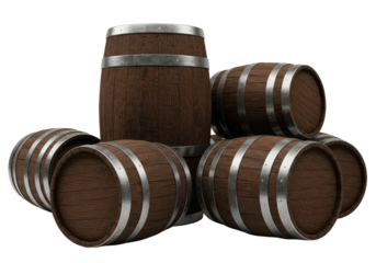 Seven detailed brown oak wood wine barrels with shiny silver steel bands, arranged dynamically on a transparent studio background with copy space, showcasing traditional craftsmanship and aging