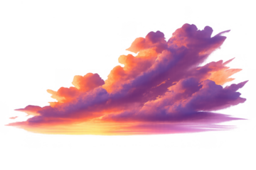 Beautiful cumulus cloud capturing intense orange, purple, and yellow light from a setting sun, ideal for compositing