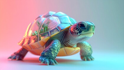 Highly detailed 3D render of a small turtle with translucent shell panels; inside the shell is a small terrarium