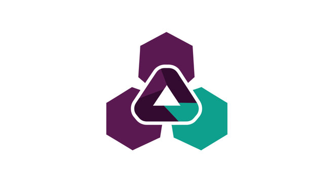 Abstract Geometric Logo Design with Hexagon and Triangle Shapes in Purple and Green Colors - Powered by Adobe