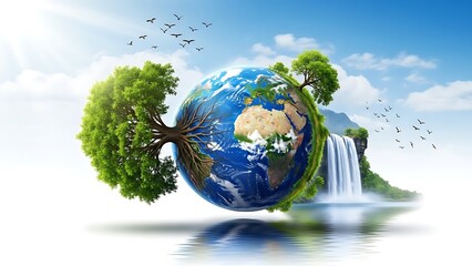 Earth with tree and waterfall landscape.