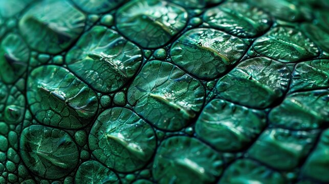  Macro texture of green crocodile or snake skin, detailed pattern of wild reptile scales closeup