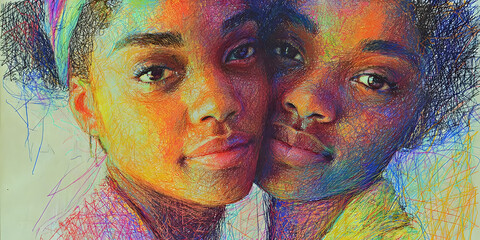  Twin Faces in Vibrant Emotional Color, ai generated.