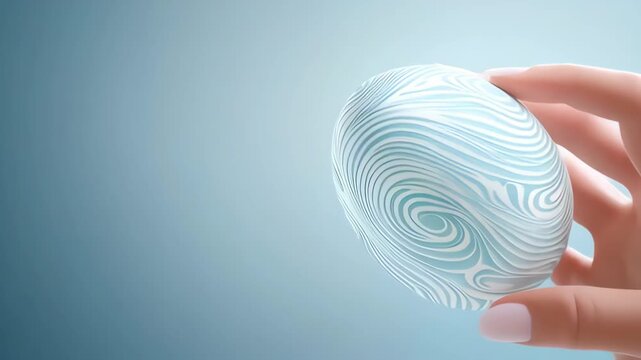 Decorated egg with intricate white swirl pattern is held gently in a hand against a soft pale blue backdrop, with ample empty space to the left for copy or text in editorial and commercial layouts