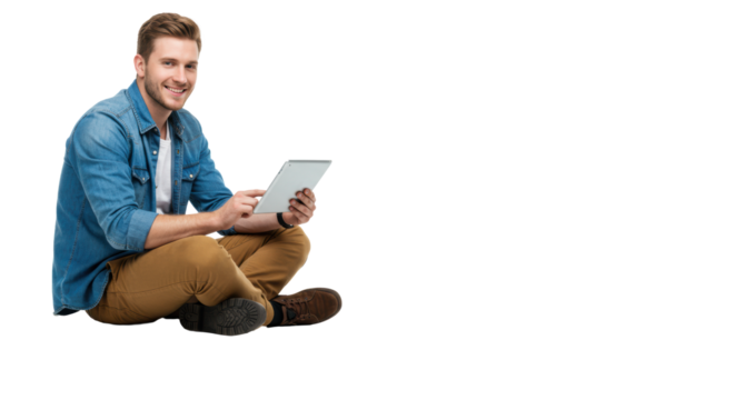 Young man in denim shirt, holding tablet and coffee, smiling, sitting on studio floor, copy space. Modern tech lifestyle concept - Powered by Adobe