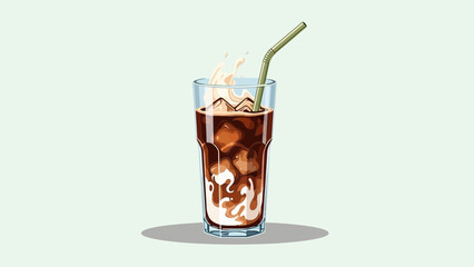 refreshing cold iced coffee beverage with ice cubes and a straw in a tall glass on light background