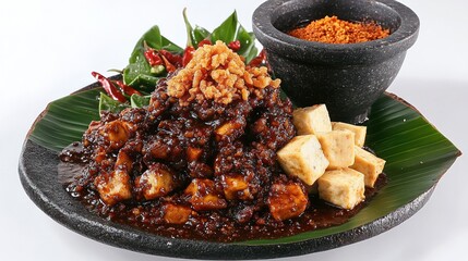 Spicy dish with tofu and crunchy topping