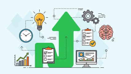 Innovative growth strategies illustration featuring upward arrow and ecosystem icons