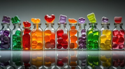 Colorful gummy candies in small bottles (1)