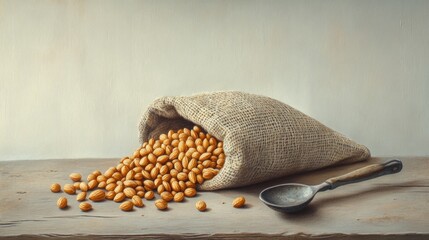 Dried beans spill from burlap sack onto wooden table