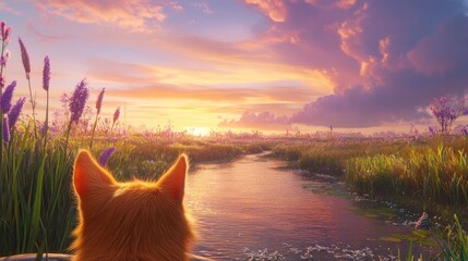 Orange cat gazes at a serene sunset over a meadow