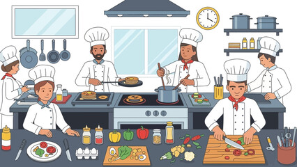 Professional culinary class with diverse chefs preparing dishes in a modern kitchen setting