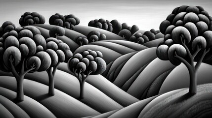 Monochromatic rolling hills landscape with stylized trees