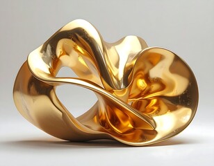 Gleaming, abstract, golden sculpture with flowing curves and an open center, set against a plain background