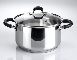 Gleaming stainless-steel stockpot with glass lid and black handles. Reflected on a bright white surface. Ideal for cooking