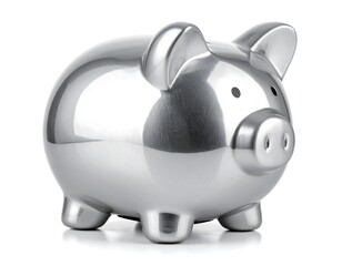 Gleaming, metallic piggy bank presented on a stark white background. It has a round body, small ears, and a snout