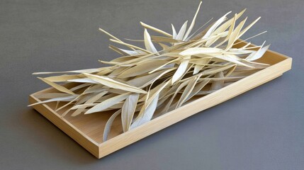 Light beige plant forms in a wooden tray
