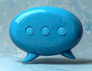 Glossy, blue 3D speech bubble with three small circles and three supporting legs, set against an abstract textured background