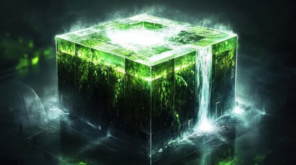 Enigmatic green cube, ethereal waterfall