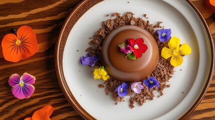 Chocolate dessert sphere garnished with colorful flowers