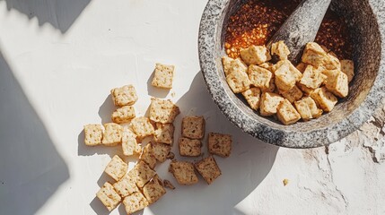 Toasted tofu cubes in a mortar with chili sauce